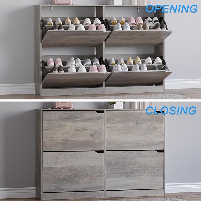 Shoe Cabinet with 4 Flip Drawers, Narrow Hidden Shoe Storage Cabinet, Slim Freestanding Shoe Rack Organizer for Entryway, Hallway, Bedroom, Living Room