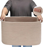 Large Cotton Rope Storage Basket with Leather Handles, Laundry Hamper Basket, 20 "L x 14" W x 12 "H, Durable & Stylish Organizer for Home.(Large Khaki)
