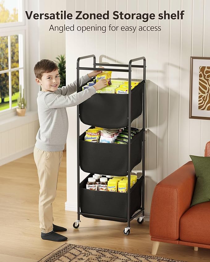 3 Section Laundry Sorter with Removable Bags, 120L Rolling Vertical Laundry Hamper, Stackable Laundry Baskets organizer for Bathroom, Apartment, Dorm (Black, With Wheel)