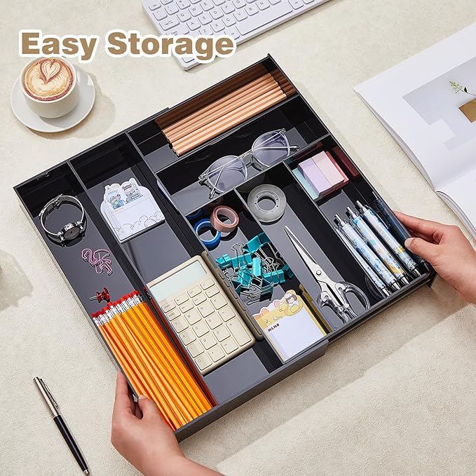 1 Pcs Acrylic Desk Drawer Organizer 9'' up to 18'' x 15'' x 2.1'' Expandable Drawer Organizer Trays with 7 Adjustable Compartments Black Desk Accessories for Makeup Office Bathroom