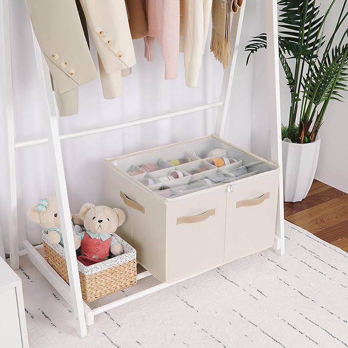 Shoe Organizer for Closet 2 Pack, Foldable Shoe Box with Adjustable Dividers and Clear Cover, Space Saving Shoe Storage Organizer Cabinet with Reinforced Handles, Fits 32 Pairs Beige TP12Y