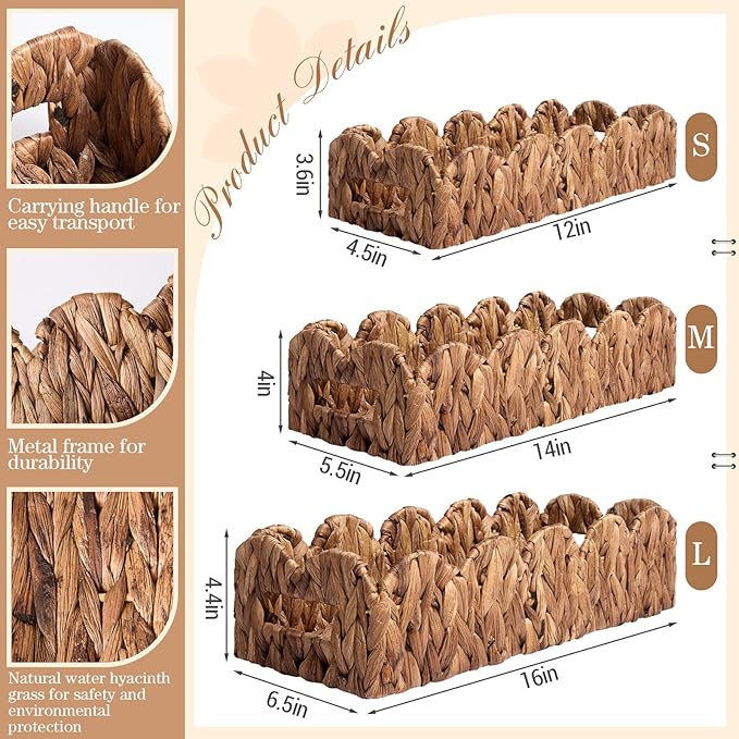 3Pack Toilet Paper Basket for Organizing Scalloped Edge Wicker Basket with Handles Toilet Tank Paper Holder Storage for Bathroom Bedroom Countertop Shelf Decor(Brown,Water Hyacinth)