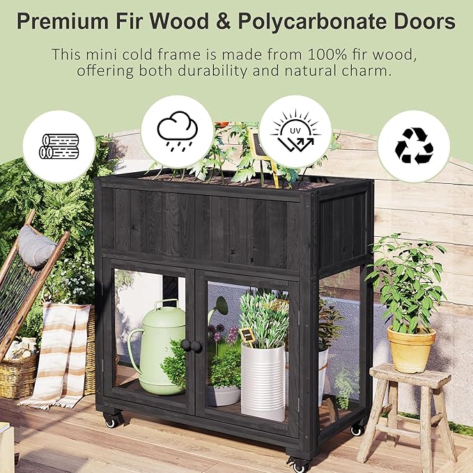 Patio 35.4"x17.7"x37.4" Mini Wood Cold Frame, Compact 2 Doors Garden Greenhouse with Wheels, Raised Bed with Liner for Indoor Outdoor Use, Black