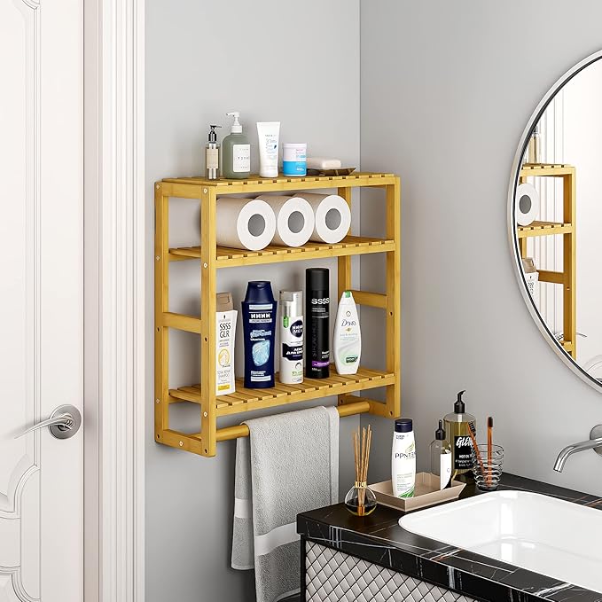 Over The Toilet Storage Bathroom Shelves Wall Mounted 3 Tier Space Saver Corner Shelf Organizer Bamboo Towel Rack Toilet Paper Cabinet with Hanging Rod Yellow