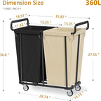 Large laundry hamper with Wheels, 2 Bag 360L Big Rolling Laundry Basket Sorter Cart, Extra Large Laundry Clothes Hamper, Heavy Duty Laundry Basket Organizer for Laundry Room,Bathroom