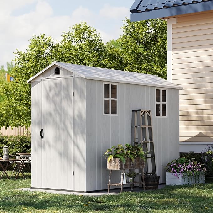 Patiowell 4x8 FT Resin Outdoor Storage Shed with Floor & 2 Windows, Large Plastic Garden Shed with Lockable Door for Backyard, Patio, and Lawn, Gray (Fit-it Shed)
