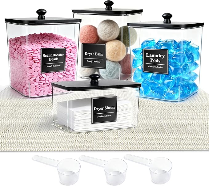 4 Pack Laundry Pods Container with Anti-slip mat, Clear Dryer Sheet Holder, Laundry Room Organization Containers with Black Wooden Lids & Labels, Laundry Detergent Holder for Scent Booster