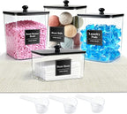 4 Pack Laundry Pods Container with Anti-slip mat, Clear Dryer Sheet Holder, Laundry Room Organization Containers with Black Wooden Lids & Labels, Laundry Detergent Holder for Scent Booster