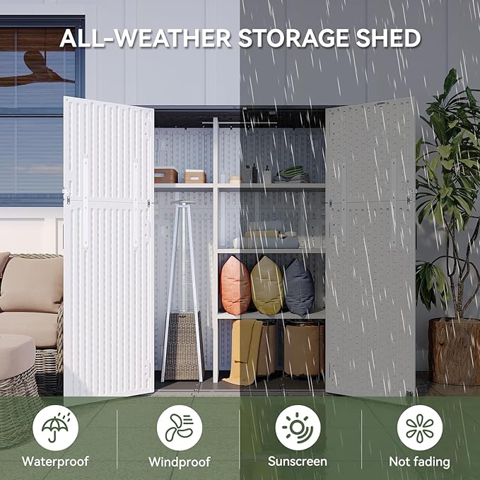 Aoxun Outdoor Storage Shed with Floor, 61 Cu.Ft Large Outdoor Storage Cabinet, Waterproof Vertical Resin Shed for Garden Tools, Pool Equipment, Grey White