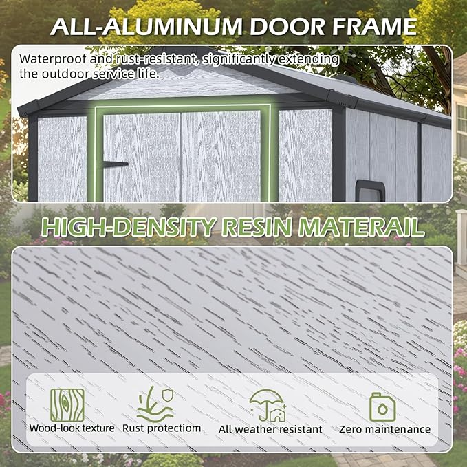 4 x 6 FT Resin Outdoor Storage Shed, All-Weather Plastic Garden Shed with Floor, Lockable Doors & Windows, Plastic Tool Shed for Poolside, Patio, Backyard