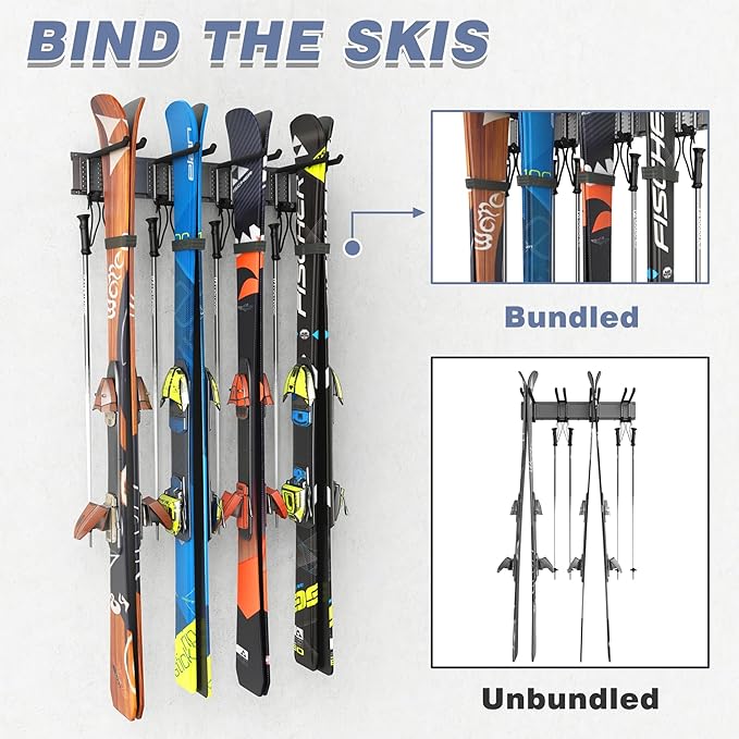 WALMANN Garage Storage Organization Wall Ski Rack 4 Pairs of Skis Mount Ski Hanger for Garage Snowboard Wall Rack Holds Up to 200 lbs