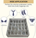3 Pack 72-Cell Fabric Sock Organizer and Tie Organizer For Men - Fabric Foldable Drawer Divider for Socks, Underwear, Ties and Belts - Foldable, Multi-Cell Design, Space-Saving (Grey)