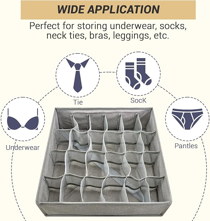 PINGMIC Gray Sock Organizer Divider 2 Pack - 24 Cell Foldable Closet Storage, Tie Organizer For Men Boxes for Socks, Ties, Belts