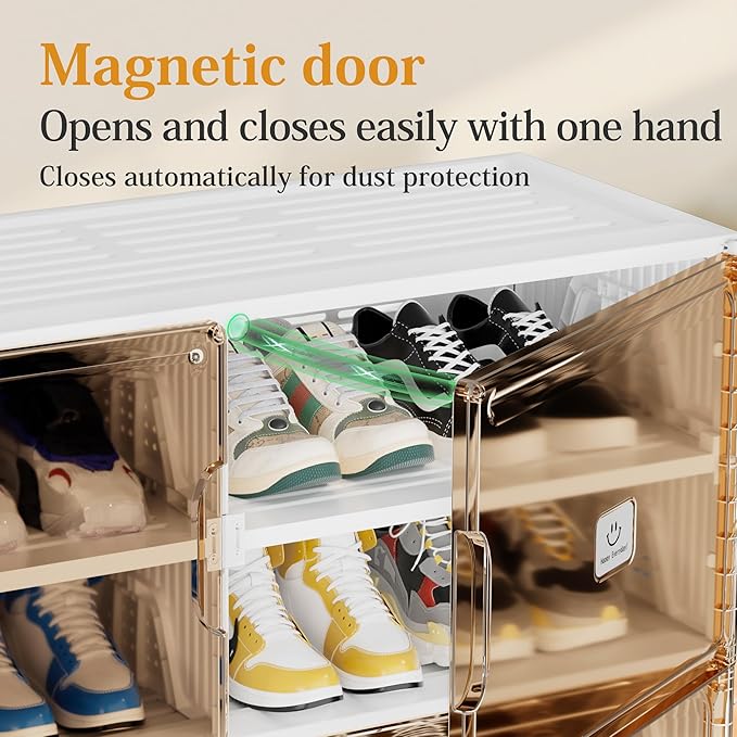 Foldable Shoe Rack Organizer for Entryway with Clear Magnetic Doors - Large Capacity Shoe Cabinet for Boots, Sneakers & All Shoes, Easy Assembly, White 6-Tier 24 Pairs