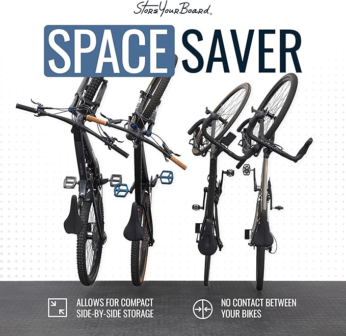 StoreYourBoard SwivelStow Bike Rack Garage Storage Rack 4 Pack - 2 MTB & 2 Road & Gravel Bike Wall Mounts - Heavy Duty Bike Hanger - No-Lift Bike Rack Garage Storage Rack - Holds 70 lb Capacity