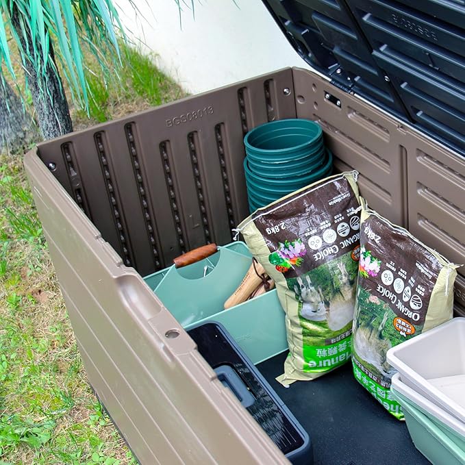 Resin Deck Storage Box, 85 Gallon Outdoor Storage Box Waterproof for Garden Storage,Patio and Backyard, Lockable Brown Color