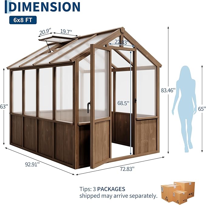 Heavy Duty Spruce Frame Wooden Greenhouse – Walk-in Outdoor Garden Outdoor Storage with Polycarbonate Panels, Adjustable Roof Vents, Lockable Door, Large Storage, Ideal for Patio, Lawn, 6x8 FT