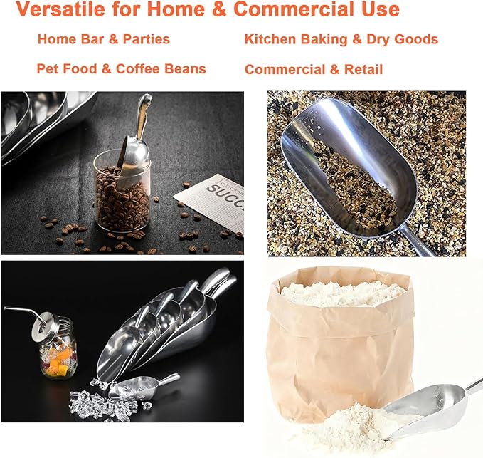 12 OZ Cast Aluminum Utility Scoop, One-Piece Solid Ice Scoop for Ice Bucket, Bar, Kitchen, Multipurpose Food Scooper for Flour, Sugar, Popcorn, Dog Food (Silver) (12OZ)