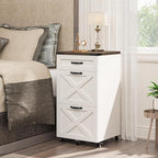3 Drawer Small File Cabinet with Wheels, Farmhouse Vertical Filing Cabinet Fits Letter/A4 Size, Rolling File Cabinets Wooden Printer Stand for Home Office, Rustic White