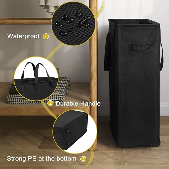 Chrislley 45L Slim Laundry Hamper Narrow Laundry Basket with Handle Foldable Dirty Clothes Portable Skinny Hamper Organizer Storage Bins (22 inches, black)