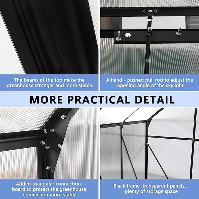 6X8FT Greenhouse for Outdoor, Polycarbonate Greenhouse with Raised Base and Anchor, Heavy-Duty Walk-in Green House with Adjustable Roof Vent and Gutter System for Patio,Backyard (Black, 6X8 FT)