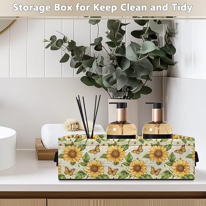 Narrow Storage Basket Decorative Fabric Storage Bin for Organizing Towels Toilet Paper Basket Long Tidy Storage Bin for Bedroom Bathroom Small Items, Sunflower Butterfly Letter Print