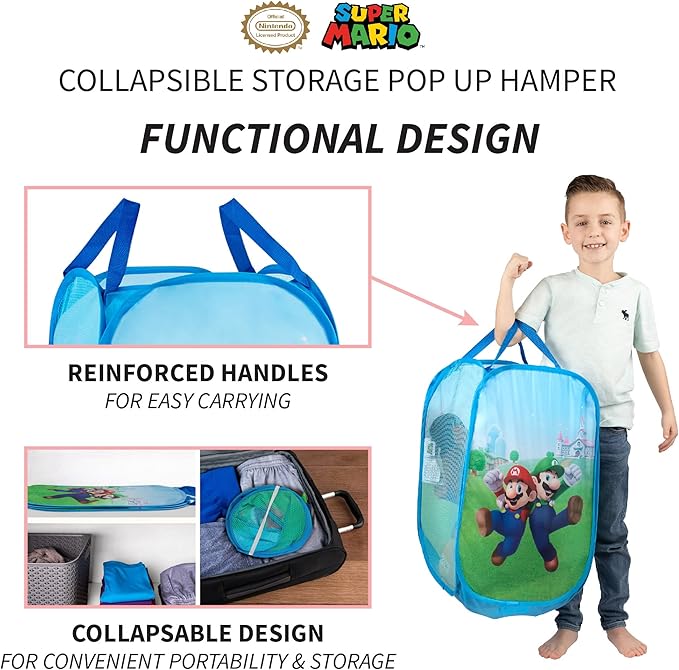 Franco Kids Room Collapsible Storage Bin Pop Up Hamper, One Size, Super Mario