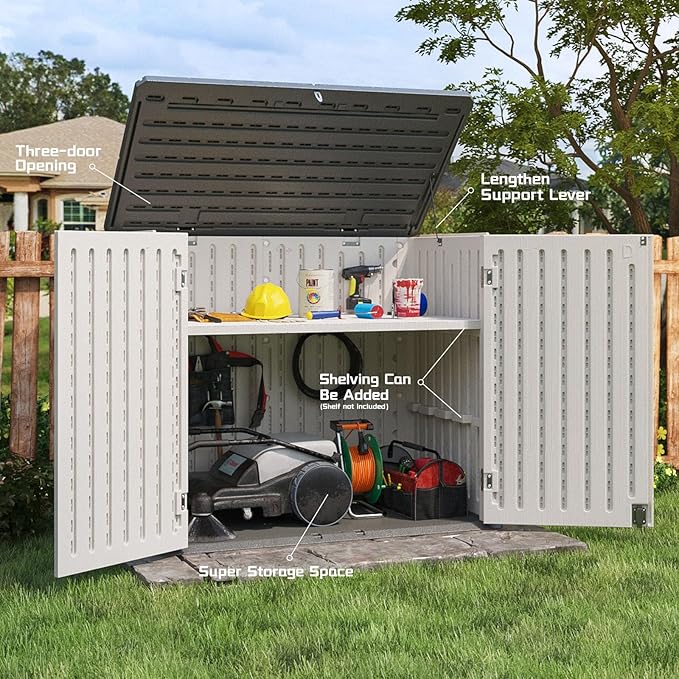 Patiowell Outdoor Storage Shed - Horizontal Storage Shed for Patio, Garden, Backyards, Multi-Opening Door Easily Storage for Trash Cans, Lawn Mower, Tools, 36 Cu Ft Without Shelf, Grey