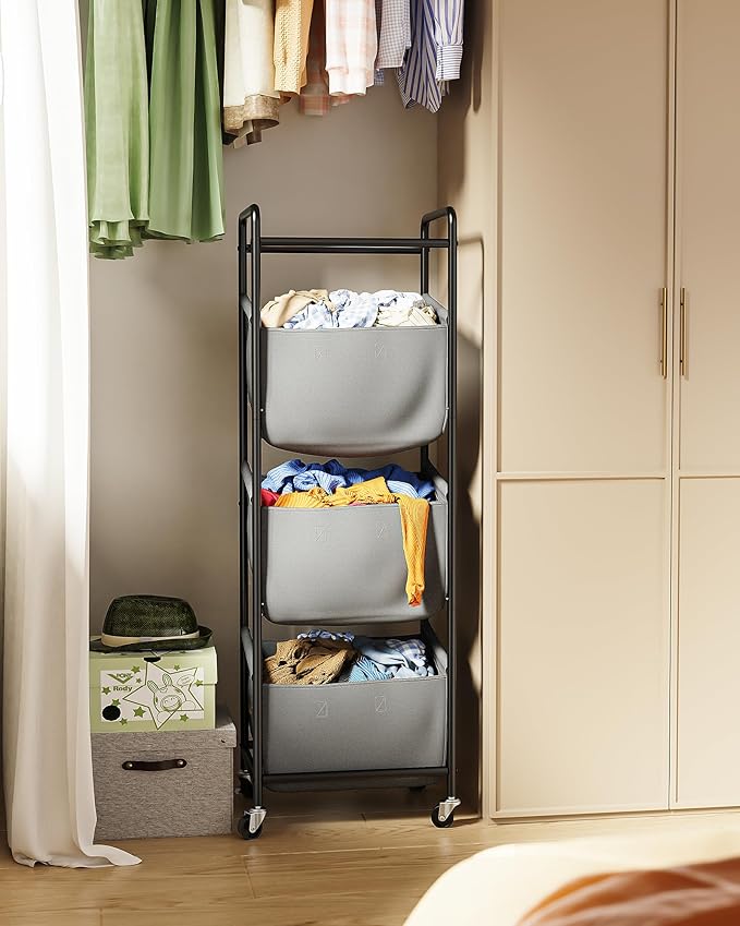 3 Section Laundry Sorter with Removable Bags, 120L Rolling Vertical Laundry Hamper, Stackable Laundry Baskets organizer for Bathroom, Apartment, Dorm (Gray, With Wheel)