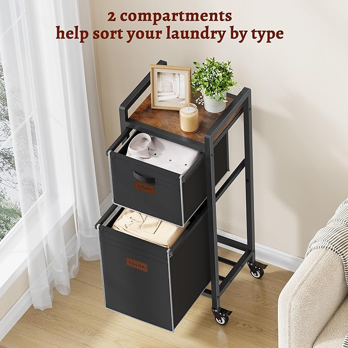 FAVOOSTY Laundry Hamper with Wheels, 70L Laundry Basket Organizer, Laundry Hamper with Shelf, 2 Section Laundry Sorter for Laundry Room Organization, Bathroom Shelf Black