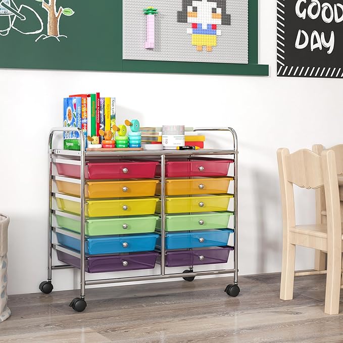 GOFLAME 12-Drawer Rolling Storage Cart, Multifunctional Art Craft Organizer Cart, Mobile Utility Storage Cart with Removable Drawers & Lockable Wheels, Craft Cart for Home Office School, Rainbow
