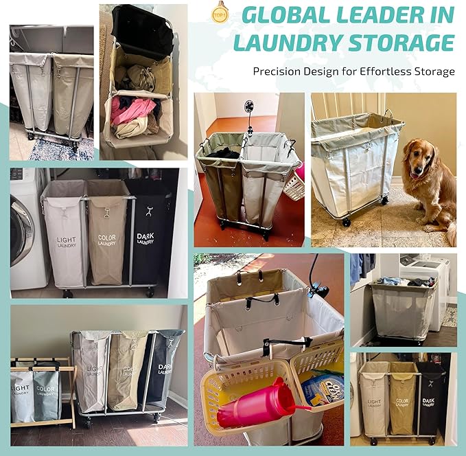 PLKOW Laundry Cart with Wheels 280L Large Laundry Sorter 2 Section for Commercial/Home, Rolling Laundry Cart with Steel Frame and Removable Bag, 8 Bushel, 32.3L x 19.7W x 31.5H Inch