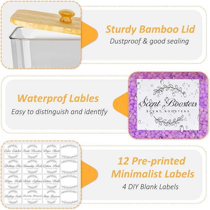 efluky 4+1 pack Laundry Pods Container & Dryer Sheet Holder Set,Clear Laundry Room Organization Containers with Bamboo Lids and Labels,Laundry Pods Holder for Scent Booster,Powder,Pod