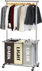 Simple Houseware 3-Bag Laundry Sorter with Extensible Clothes Hanging Rod, 3-Logoed Multi Color Bags