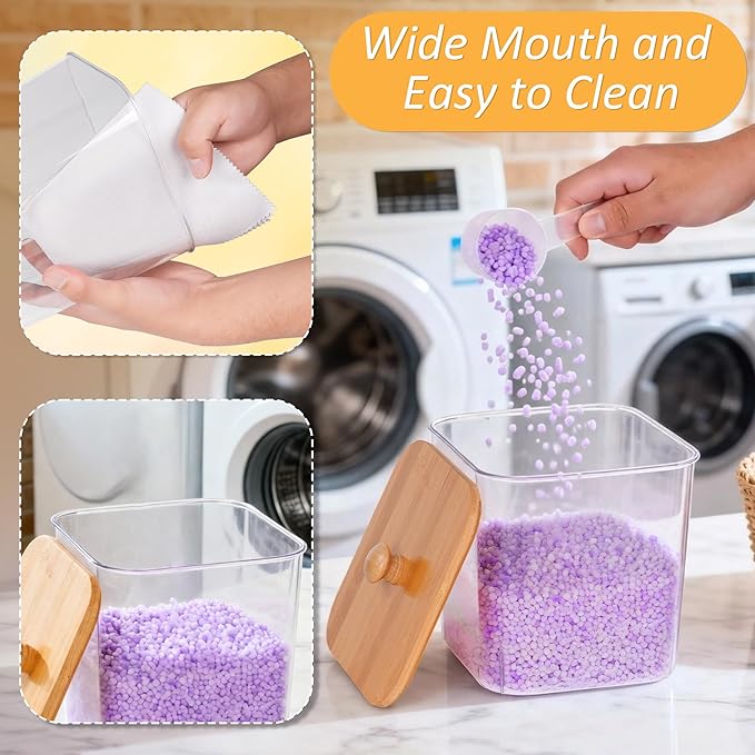 efluky 4+1 pack Laundry Pods Container & Dryer Sheet Holder Set,Clear Laundry Room Organization Containers with Bamboo Lids and Labels,Laundry Pods Holder for Scent Booster,Powder,Pod