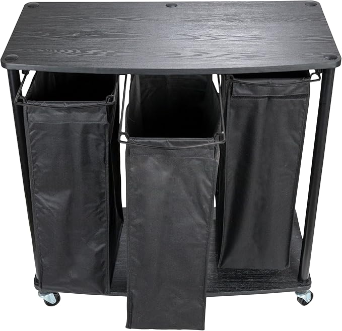 Household Essentials 3-Bag Laundry Sorter, Smooth Laminate Shelving, Sturdy Steel Frame, Wheeling and Stationary Feet Options, Washable Linen Laundry Bags, 3-Load Capacity, Versatile, Black