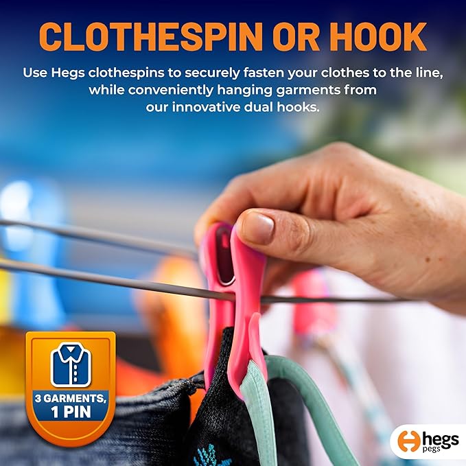 The Smartest Heavy Duty Clothespins with Hooks (24 Pack Orange, Pink, Blue) - Hang 3 Garments at Once with Our Tough, Dual Hooks Clothes Pins with Anti-Rust Spring - Tough, Colorful Clothespins