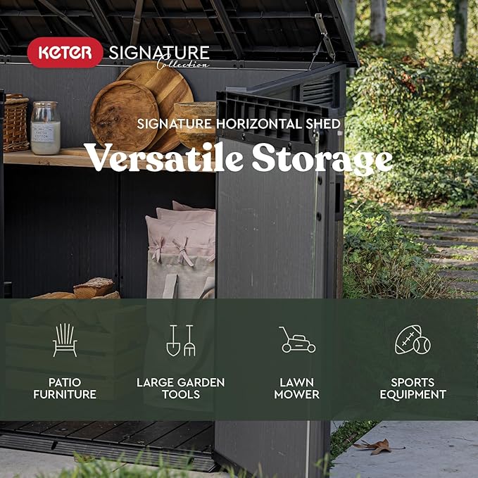 Keter Signature Collection All Weather Outdoor Storage Shed – Durable Resin Garden Shed with Built‑in Ventilation, & Lockable Double Doors – Walnut Finish