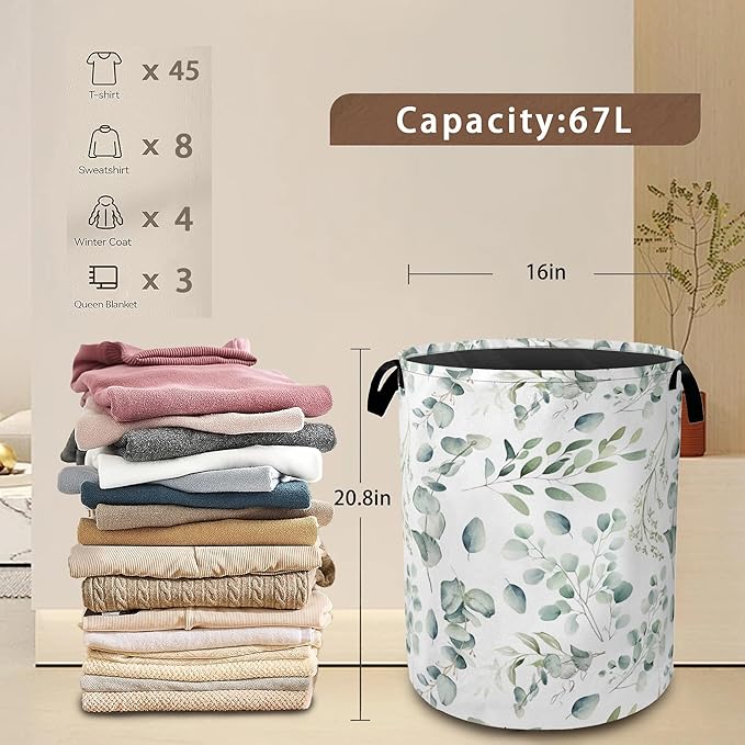 Green Eucalyptus Collapsible Laundry Baskets,Leaves Branches Laundry Hamper,Storage Basket with Handles for Bathroom Bedroom College Dormitory Living Room Nursery Organizer 16"x20"