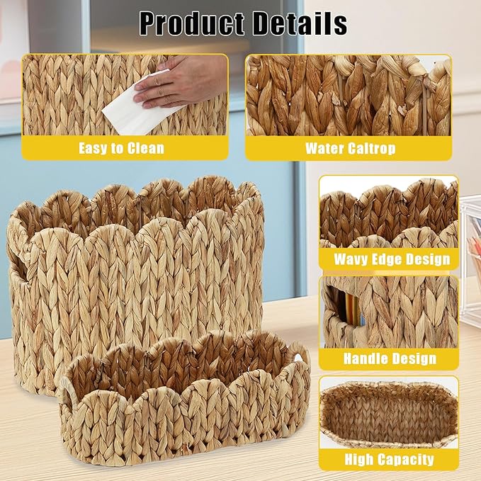 Garvee 2-Pack Scalloped Wicker Basket for Bathroom, Hand-Woven Rattan Toilet Paper Storage Basket with Built-in Handles, Small Decorative Organizer for Countertop, Shelf