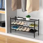 3-Tier Bamboo Long Shoe Rack, Free Standing Wood Shoe Shelf Storage Organizer for Closet Entryway Stackable 35"x11"x20" (Black)