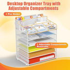 Docnest 6 Tier Mesh Desk Organizer for Paper Office Supplies – Multi-Functional Letter Tray with 5 Adjustable Compartments, 4 Pen Holders, Desktop Storage for Files, Mail, Stationery – White