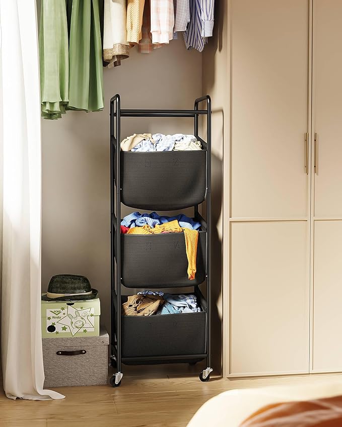 3 Section Laundry Sorter with Removable Bags, 120L Rolling Vertical Laundry Hamper, Stackable Laundry Baskets organizer for Bathroom, Apartment, Dorm (Black, With Wheel)