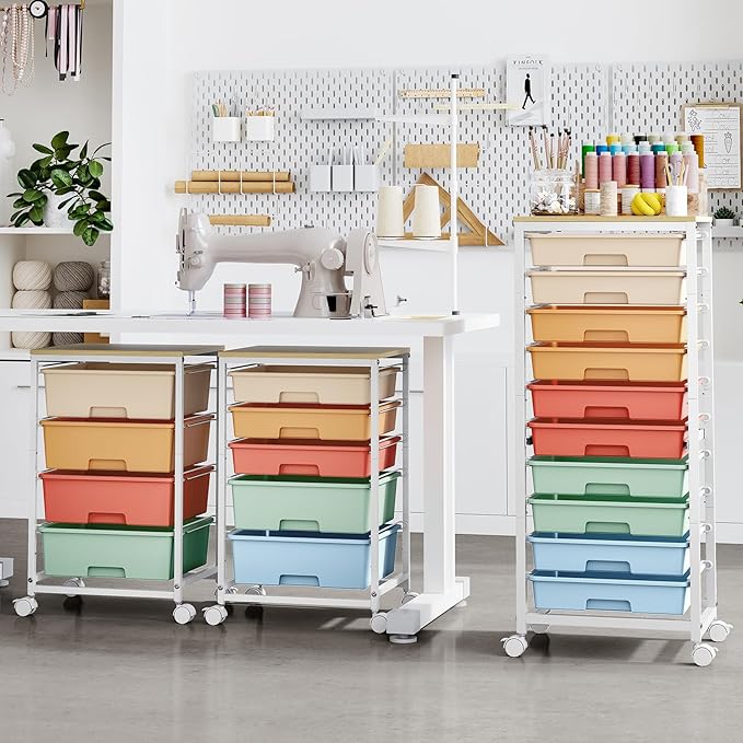 Rolling Cart with Drawers,10 Drawer Rolling Cart,Storage Cart with Wheels,Utility Cart with Drawers,Teacher Cart for Classroom Storage,Craft Cart with Wheels and Wooden Tabletop,Rainbow