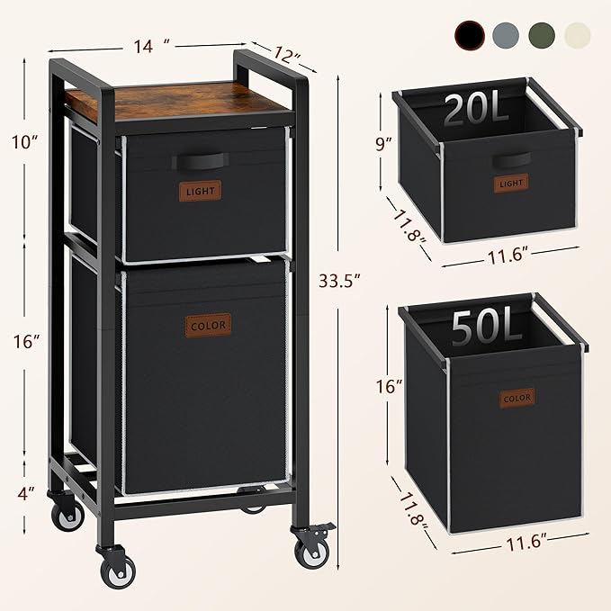 FAVOOSTY Laundry Hamper with Wheels, 70L Laundry Basket Organizer, Laundry Hamper with Shelf, 2 Section Laundry Sorter for Laundry Room Organization, Bathroom Shelf Black