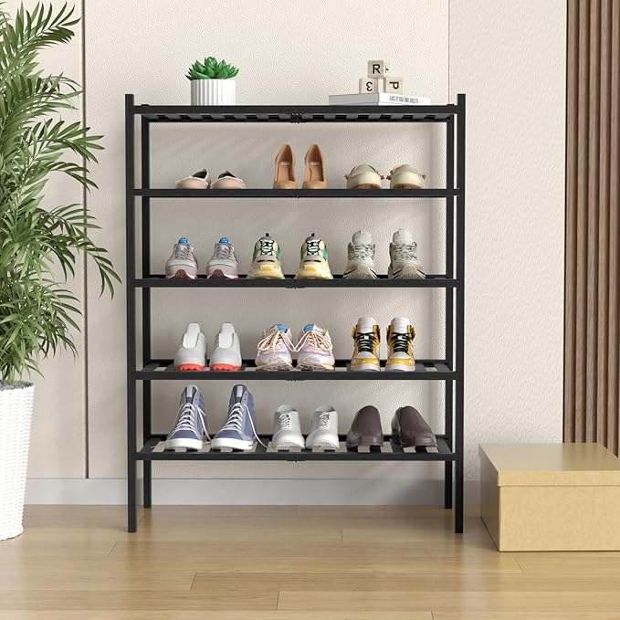 5 Tier Bamboo Shoe Rack for Closet Free Standing Wood Shoe Shelf for Entryway Small Space Stackable 27"x11"x33" (Black)