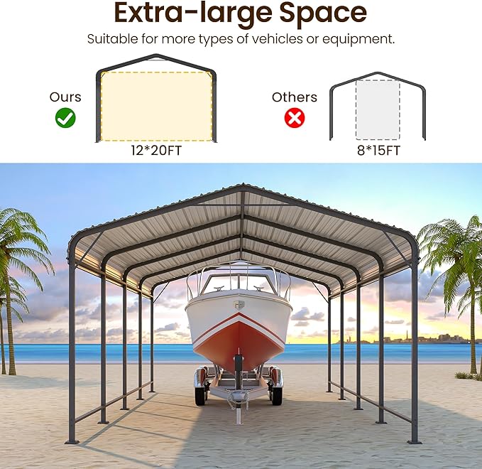12x20FT Metal Carport, 335LBS Heavy Duty Carport Canopy with Galvanized Steel Roof, 40% Thicker Frame Metal Garage with Reinforced Base, All-Weather Outdoor Storage Car Port for Car, Camping