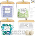 Laundry Detergent Container Set (4 Jars) with Bamboo Lids | Storage Jars Organizers for Pods, Powder, Beads & Liquid Soap Includes 2 Wool Dryer Balls | Laundry Room Organization Essentials