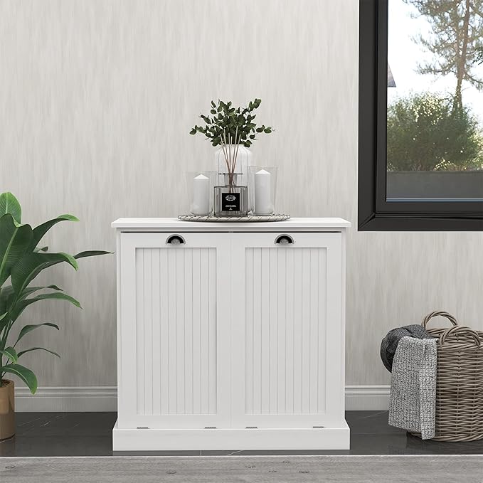 Two-Compartment Tilt-Out Laundry Sorter Cabinet White, with Removable Cloth Bags Fashionable Design Finish Durable Organizer Durable Material Three Painting processes, for Laundry Rooms