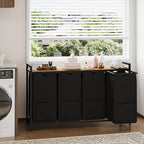 47-Inch Wide Laundry Sorter, 4 Section Hamper Basket Organizer with 100lbs Wood Top, Black Iron Frame, 30lbs Capacity Pull-Out Fabric Bags, Clothes Organizers and Storage